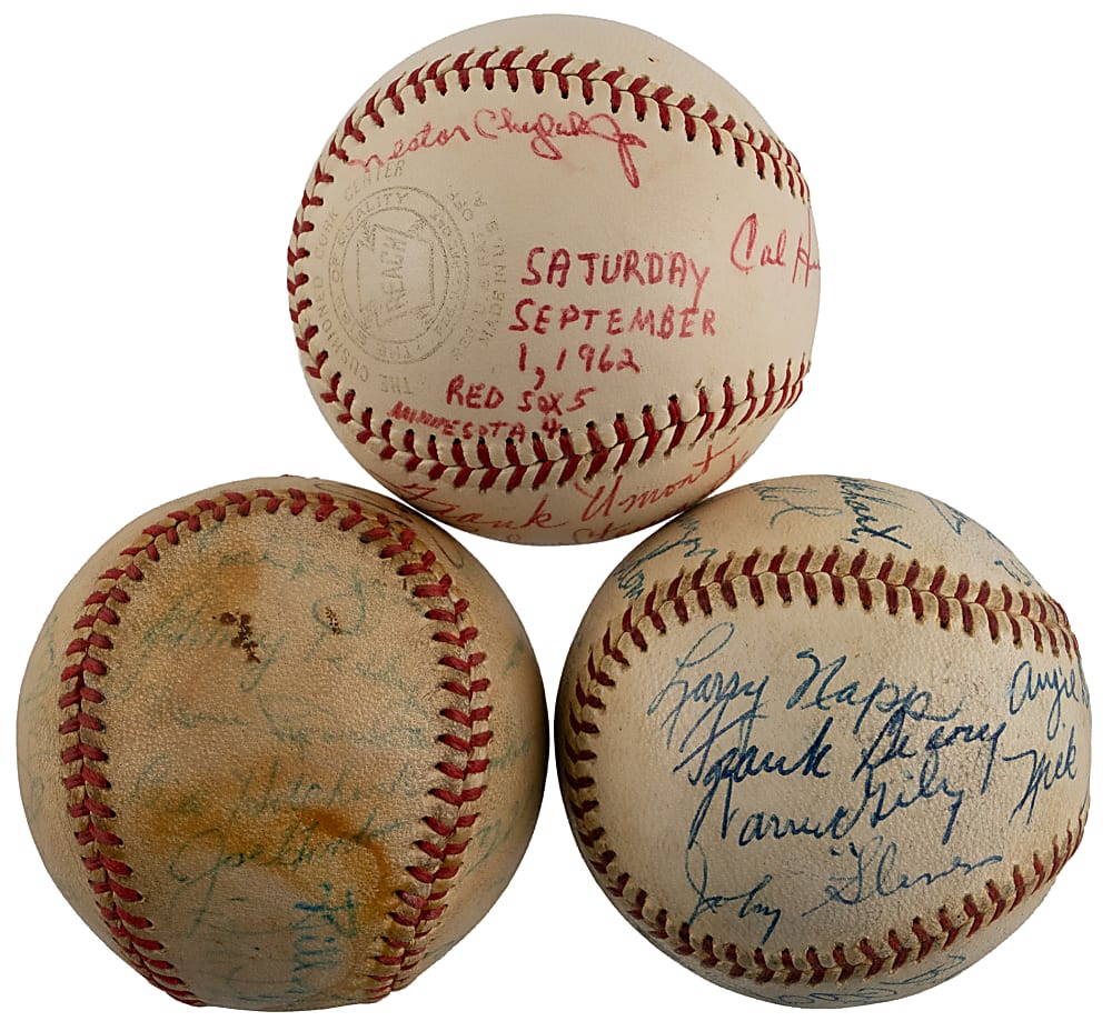 1950s-1960s Multi-Signed Baseball Trio with (48) Total Signatures Including Bill McGowan, Nestor Chylak, Cal Hubbard