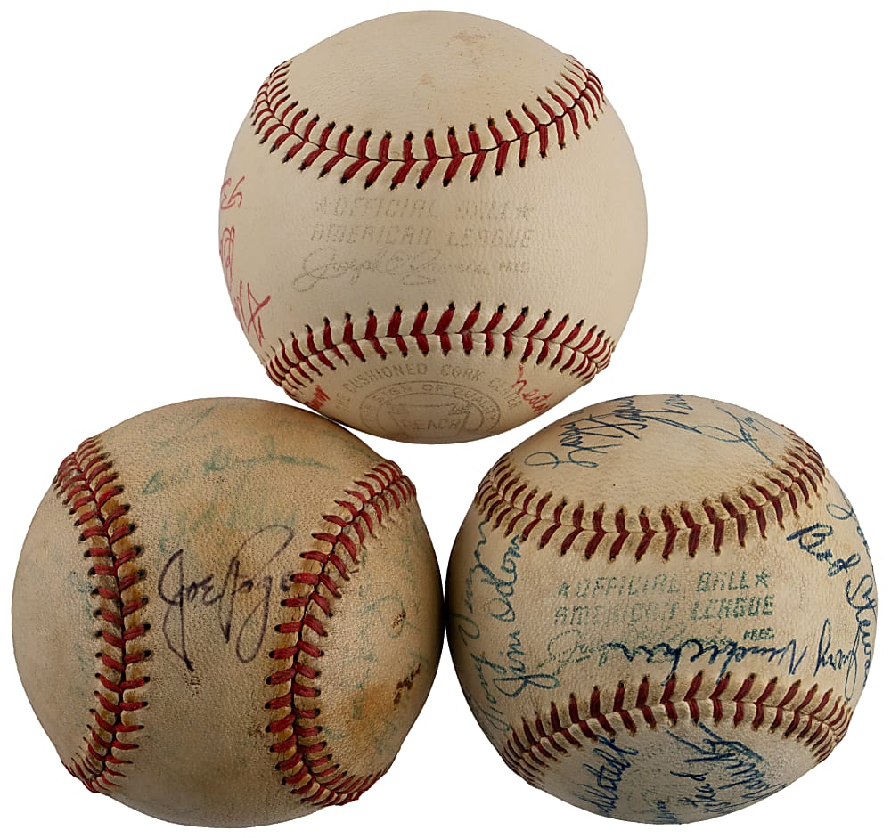 1950s-1960s Multi-Signed Baseball Trio with (48) Total Signatures Including Bill McGowan, Nestor Chylak, Cal Hubbard