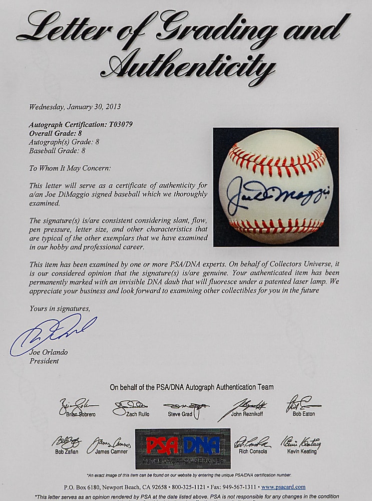 Joe DiMaggio Single-Signed OAL/Brown Baseball - PSA/DNA Grade 8