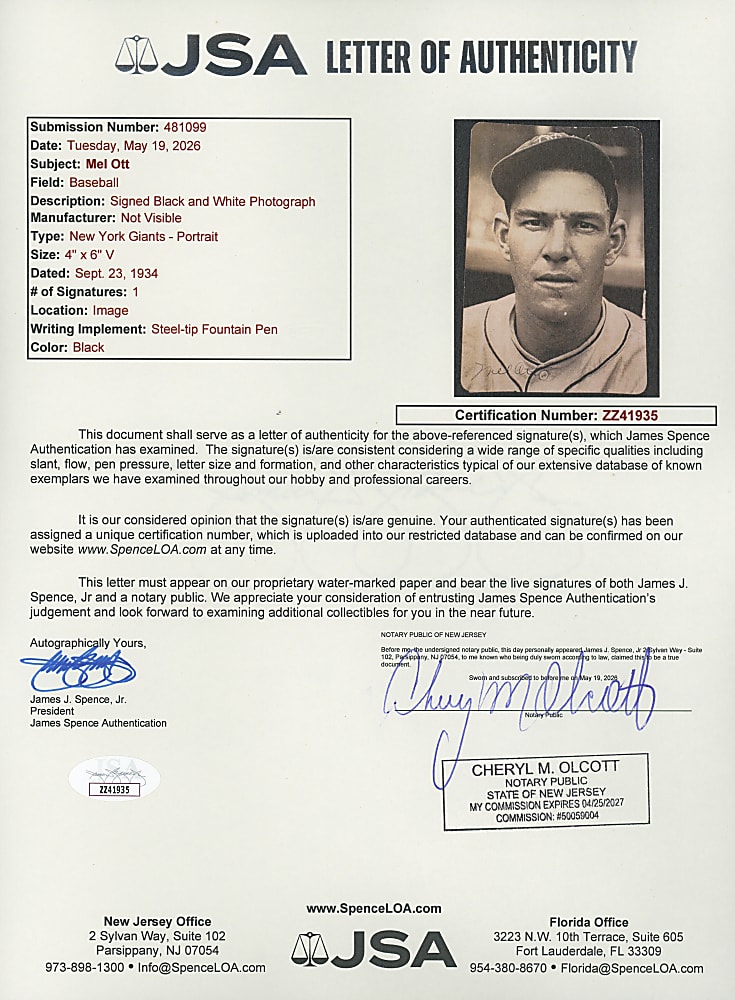 1934 Mel Ott Signed Associated Press Photo with Full JSA LOA