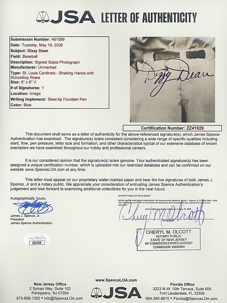 1934 Dizzy Dean Single-Signed Associated Press World Series Photograph with Schoolboy Rowe - Full JSA LOA