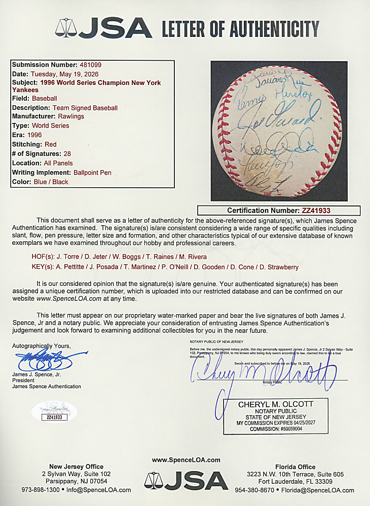 1996 World Champion New York Yankees Team-Signed Baseball (28) Including Jeter - Full JSA LOA