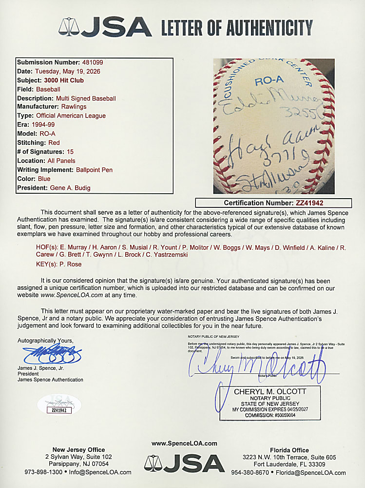 Superb 3000 Hit Club Multi-Signed Baseball with Rose, Aaron, Musial, Mays & Gwynn - JSA LOA