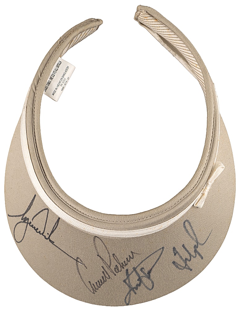 Multi-Signed Golf Visor with Tiger Woods, Arnold Palmer & Fred Couples - Full JSA LOA