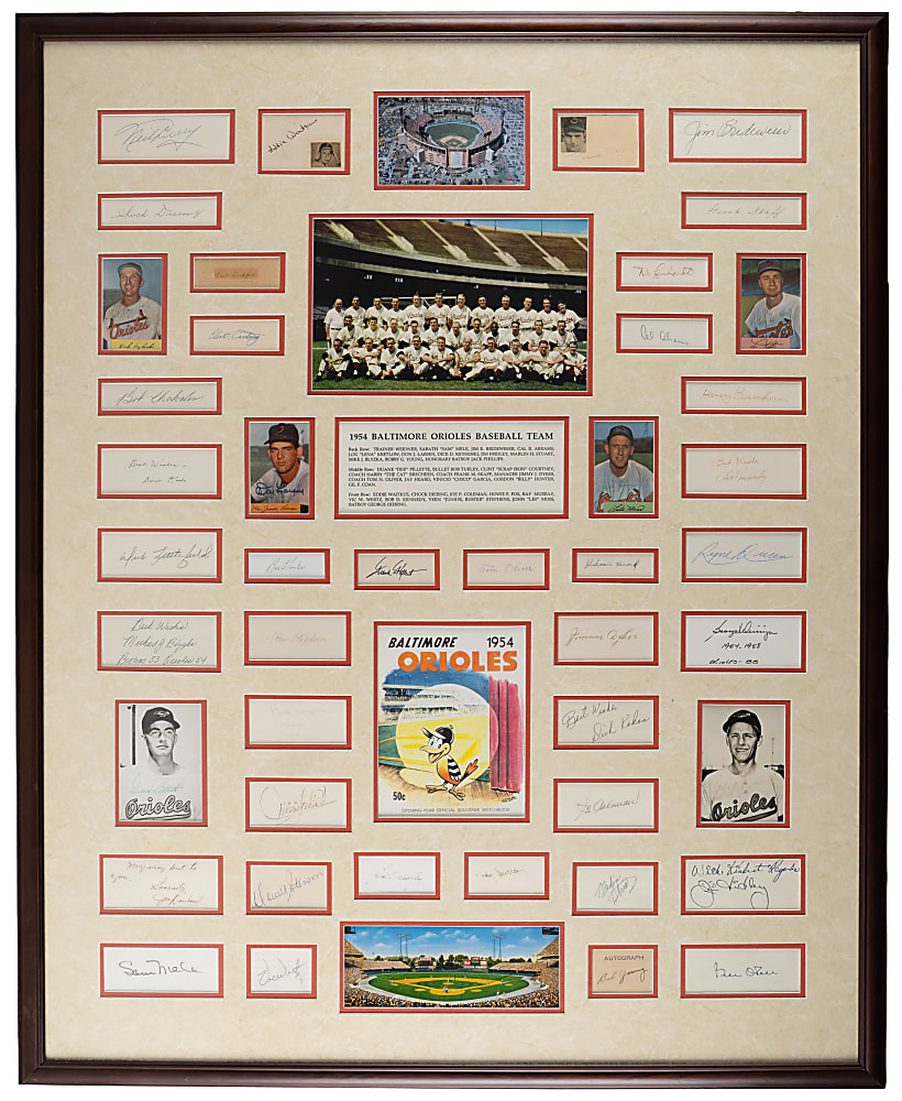 1954 Baltimore Orioles Team-Signed Framed Display (44) Including Courtney, Fox & Larsen Rookie - JSA LOA