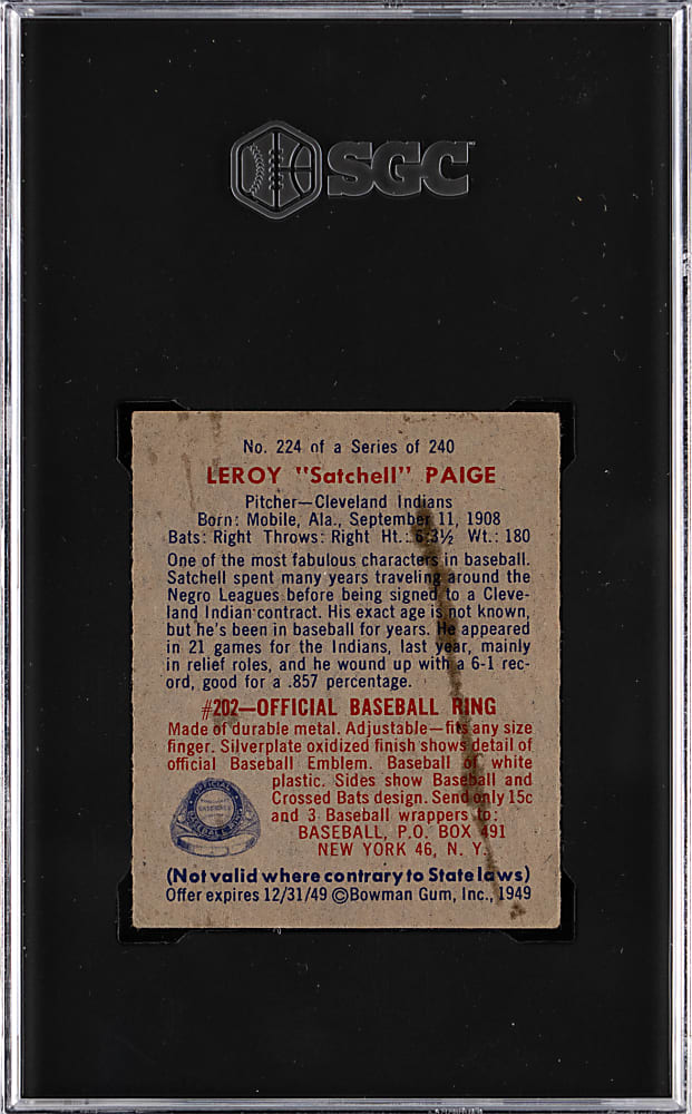 1949 Bowman #224 Satchel Paige Rookie High Number SGC POOR 1