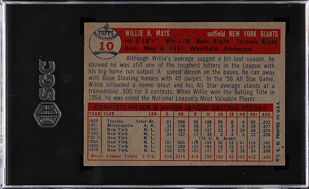 1957 Topps #10 Willie Mays SGC EX 5