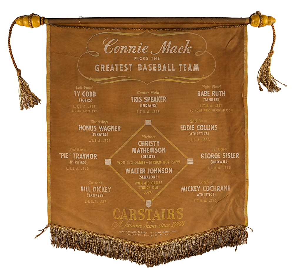 1950s Carstairs Connie Mack Greatest Team Banner with Ty Cobb & Babe Ruth