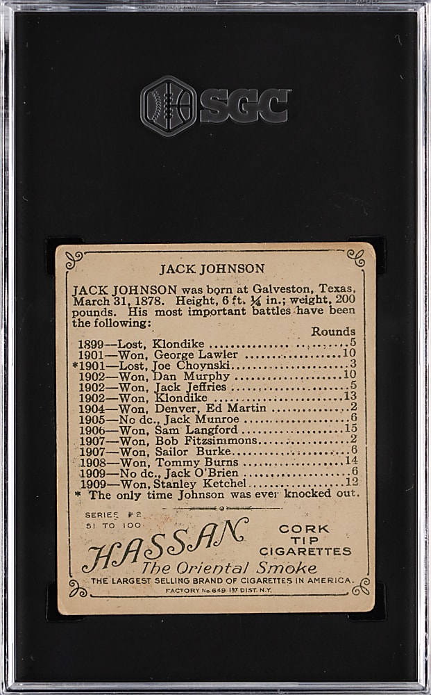 1910 T218 Hassan Champions Jack Johnson Front View SGC VG/EX 4