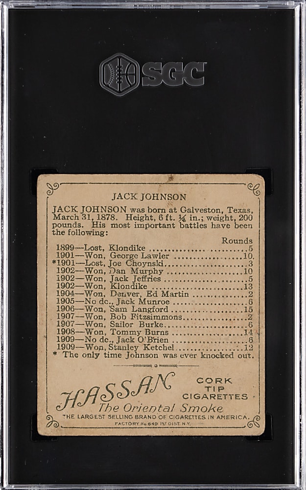 1910 T218 Hassan Champions Jack Johnson Side View SGC GOOD+ 2.5