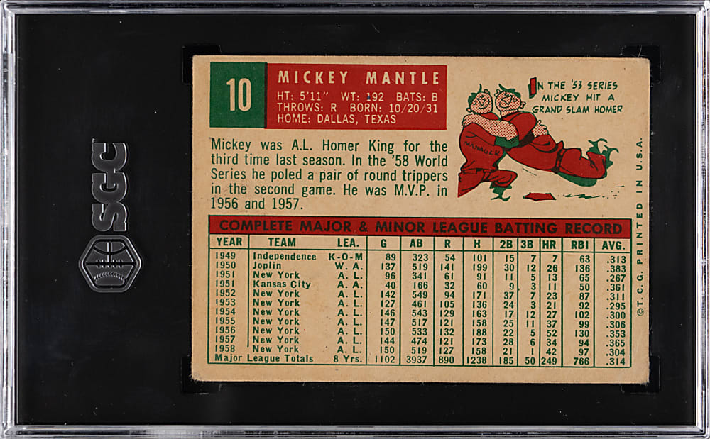 1959 Topps #10 Mickey Mantle SGC GOOD 2