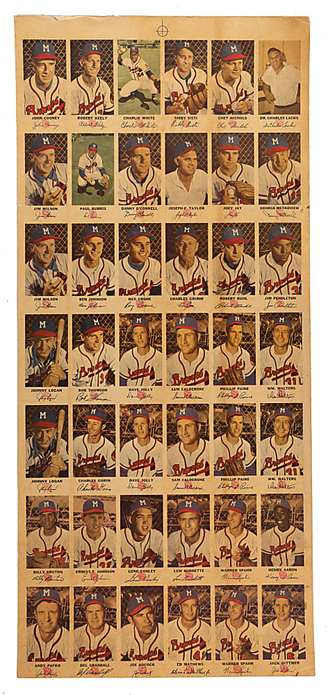 1954 Johnston Cookies Milwaukee Braves Uncut Sheet (42) with Complete Set (35) Including #5 Hank Aaron Rookie