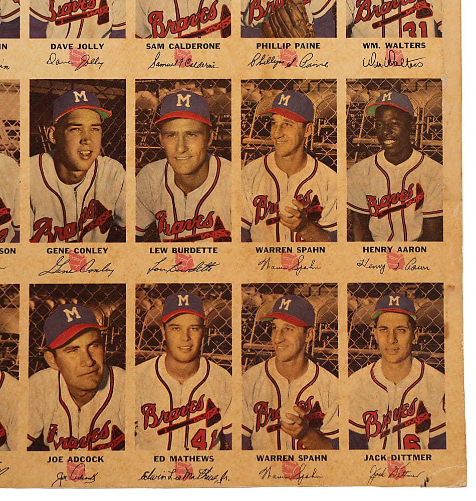 1954 Johnston Cookies Milwaukee Braves Uncut Sheet (42) with Complete Set (35) Including #5 Hank Aaron Rookie