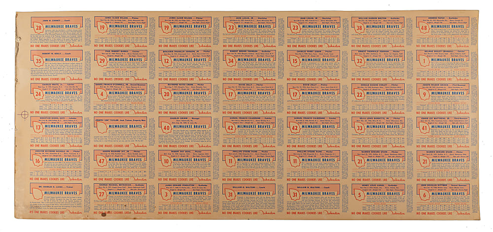 1954 Johnston Cookies Milwaukee Braves Uncut Sheet (42) with Complete Set (35) Including #5 Hank Aaron Rookie
