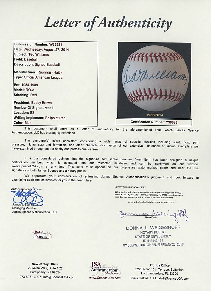 Ted Williams Single-Signed OAL/Brown Baseball with Full JSA
