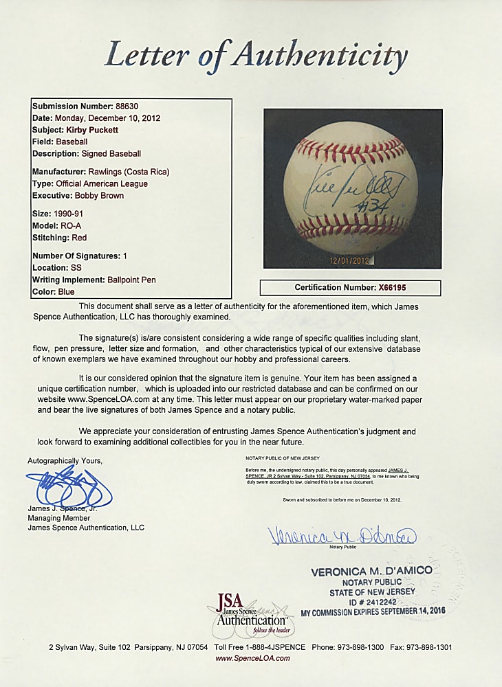 Kirby Puckett Single-Signed OAL/Brown Baseball with Full JSA & "34" Inscription
