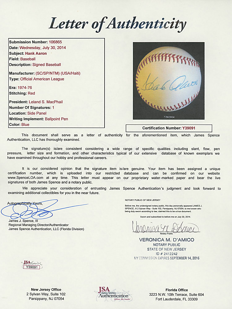 Hank Aaron Single-Signed OAL/MacPhail Baseball with Full JSA