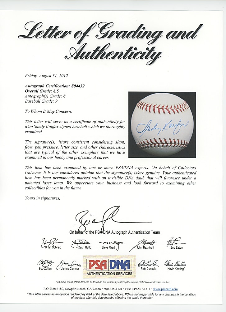 Brooklyn Dodgers Single-Signed Baseball Group (8) with Koufax, Drysdale, Durocher, Reese - All Individually Certified