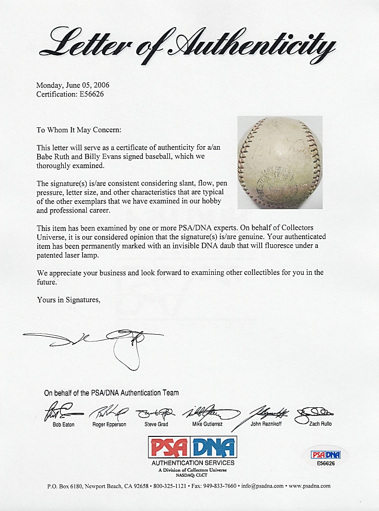 Babe Ruth & Billy Evans Dual-Signed OAL Baseball with Full PSA LOA