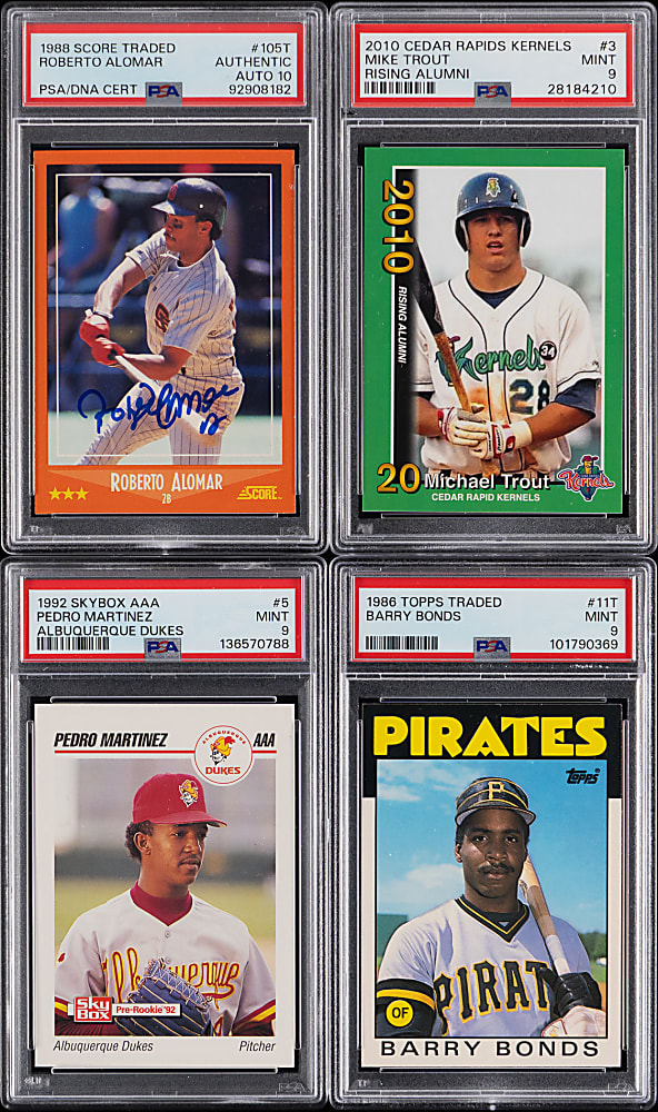 1986-2010 Superstar Rookie PSA Graded Quartet with Signed Alomar, Bonds, P. Martinez & Trout (Minor League)