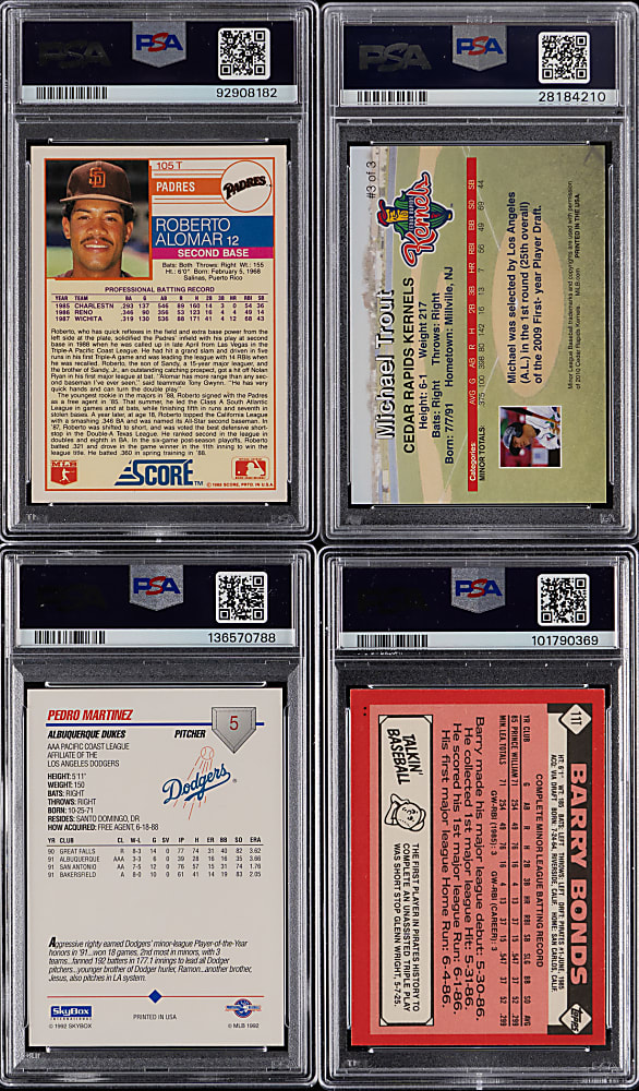 1986-2010 Superstar Rookie PSA Graded Quartet with Signed Alomar, Bonds, P. Martinez & Trout (Minor League)