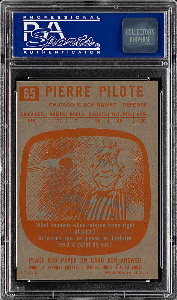 1960-1961 Topps Hockey #65 Pierre Pilote PSA MINT 9 - Population 3 with None Higher