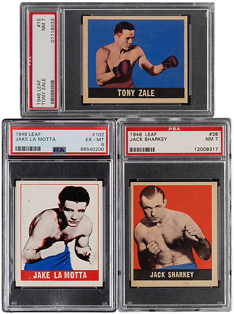 1948 Leaf Boxing PSA EX-MT to NM 7 Graded Trio with #102 Jake LaMotta Rookie PSA EX-MT 6