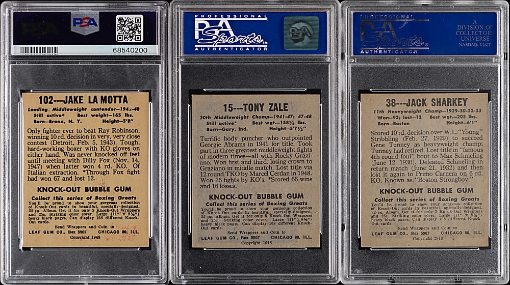 1948 Leaf Boxing PSA EX-MT to NM 7 Graded Trio with #102 Jake LaMotta Rookie PSA EX-MT 6