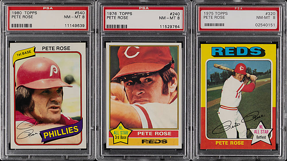 1975-1980 Topps Pete Rose PSA NM-MT 8 Graded Trio