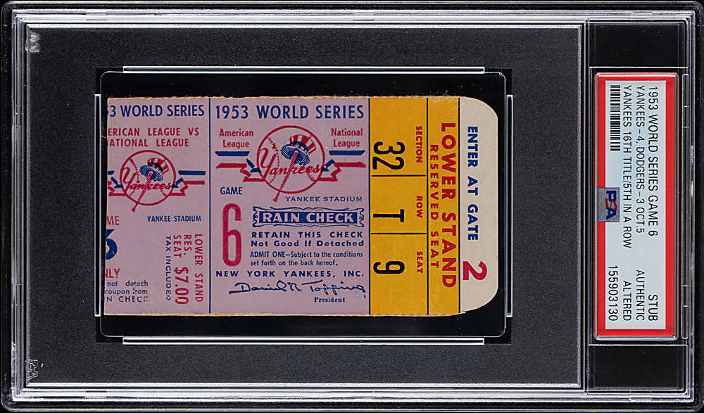 1953 World Series New York Yankees vs. Brooklyn Dodgers Game 6 Ticket Stub - PSA Authentic, Yankees Clinch 16th Title!