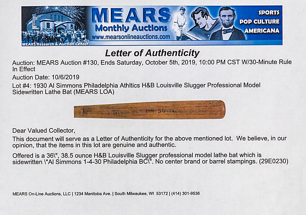 1930 Al Simmons Philadelphia Athletics Pro Model Sidewritten Lathe Bat - MEARS
