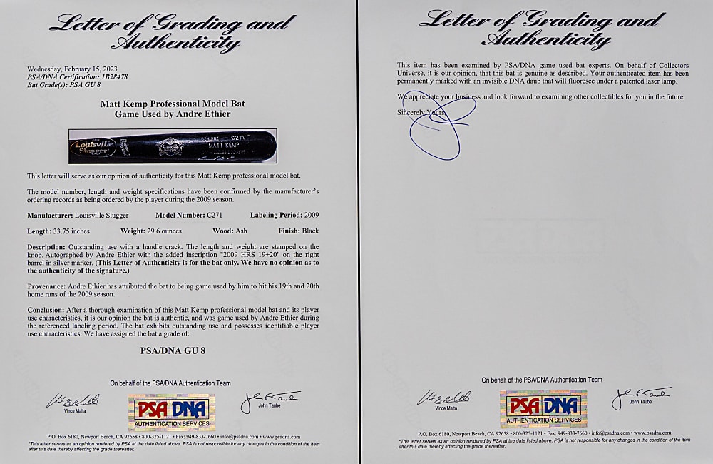 2009 Andre Ethier Signed Game-Used Bat Attributed to Home Runs 19 & 20 Inscription – PSA/DNA GU 8 and Photo-Match LOA