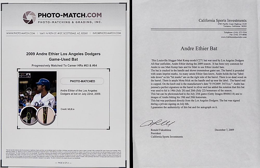 2009 Andre Ethier Signed Game-Used Bat Attributed to Home Runs 19 & 20 Inscription – PSA/DNA GU 8 and Photo-Match LOA