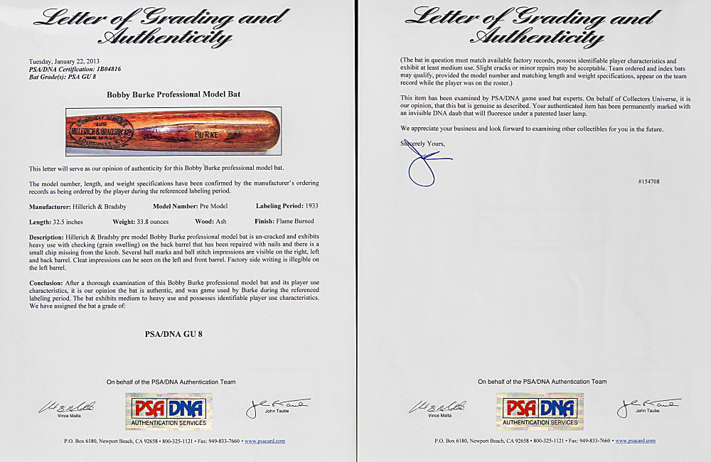 1933 Bobby Burke Washington Senators Game-Used Bat with PSA/DNA (GU 8) LOA
