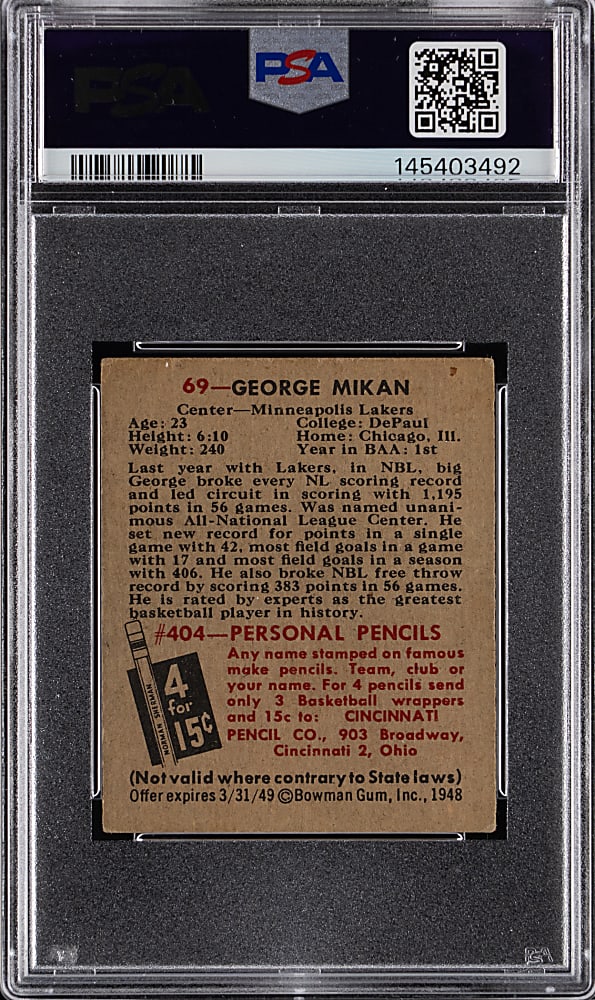 1948 Bowman Basketball #69 George Mikan Rookie High Number PSA GOOD+ 2.5