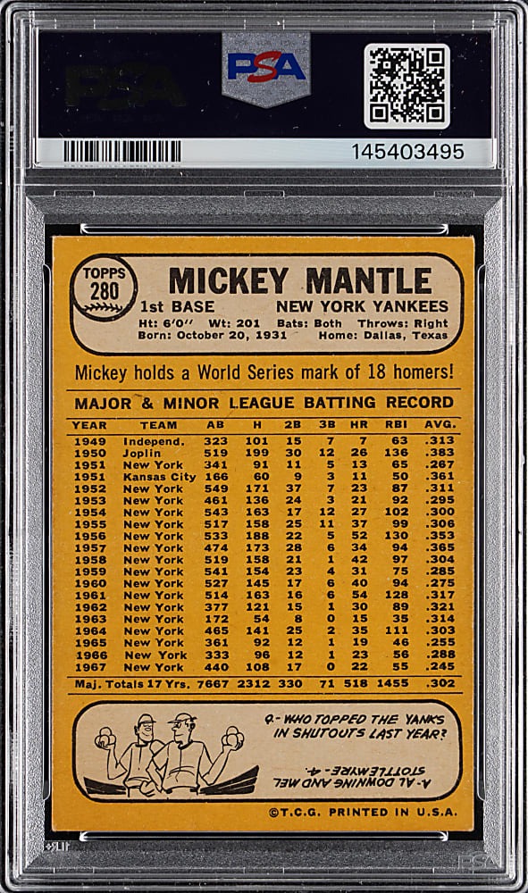 1968 Topps #280 Mickey Mantle PSA VG-EX 4
