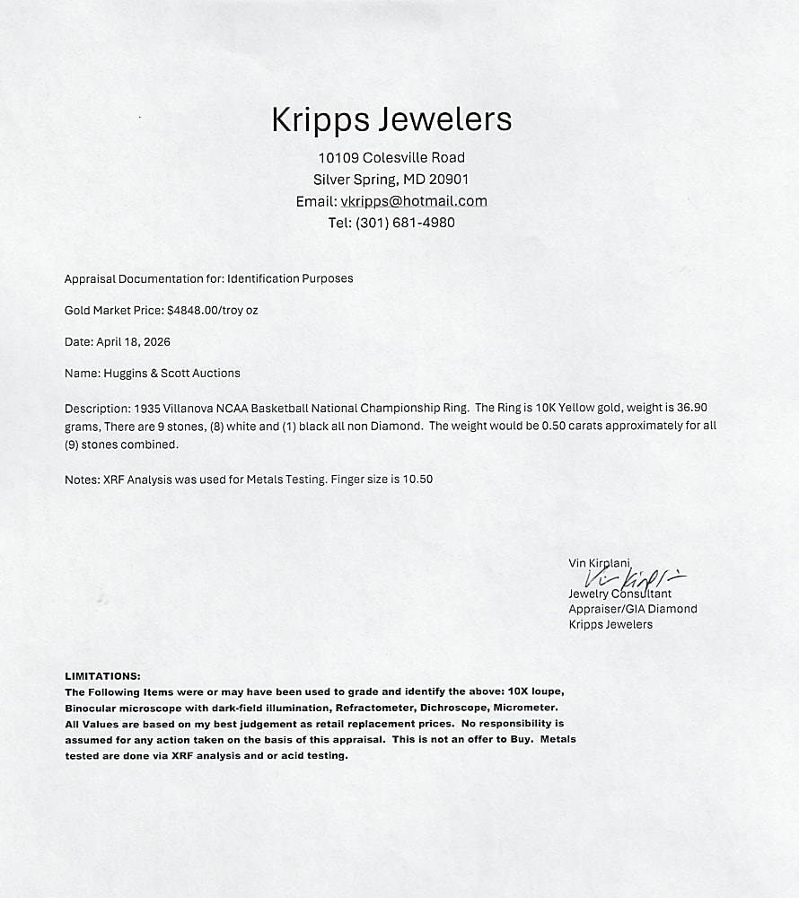 1985 Villanova Wildcats NCAA Basketball National Championship Ring Presented to Assistant Athletic Director Larry Shane - Jeweler LOA