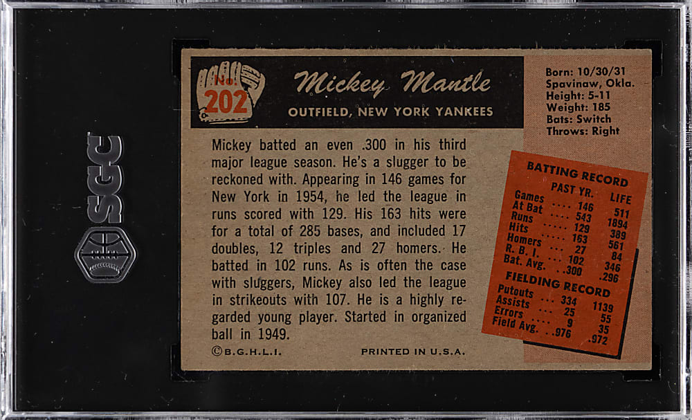1955 Bowman #202 Mickey Mantle SGC Authentic