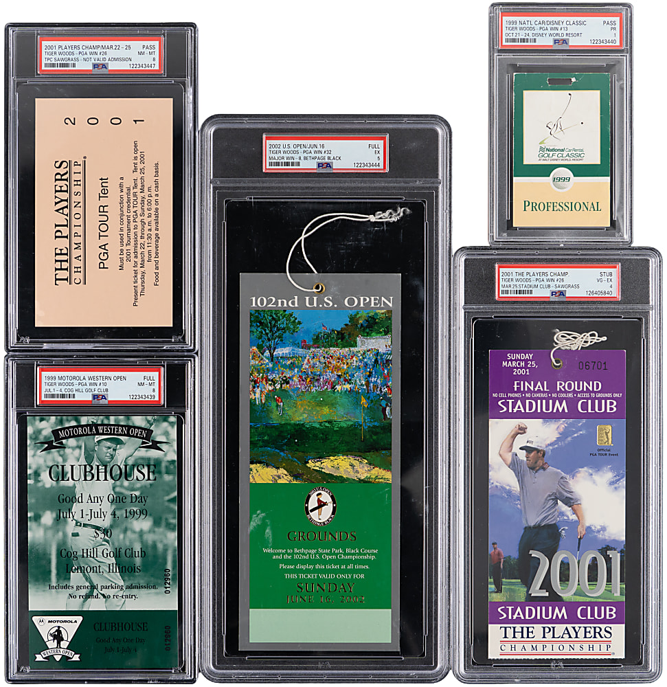1999-2002 Tiger Woods PSA Graded "Wins" Ticket/Pass Group (5)