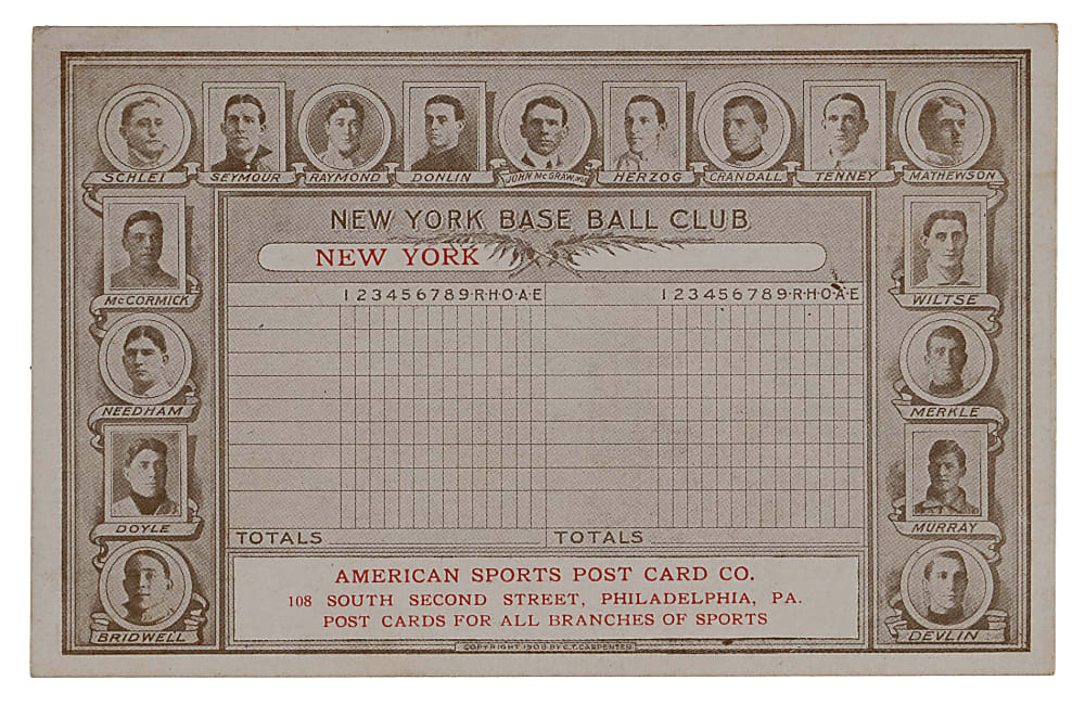 1909 New York Giants Collage Scoring Grid Postcard with Christy Mathewson - Clean!