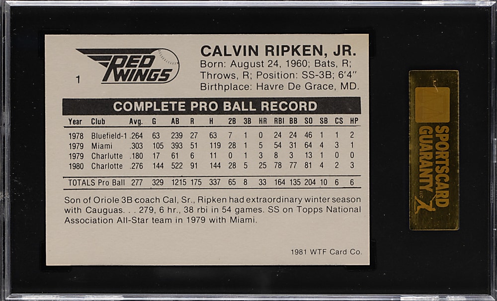 1981 WTF Co. Rochester Red Wings #1 Cal Ripken Jr. SGC NM/MT+ 8.5
