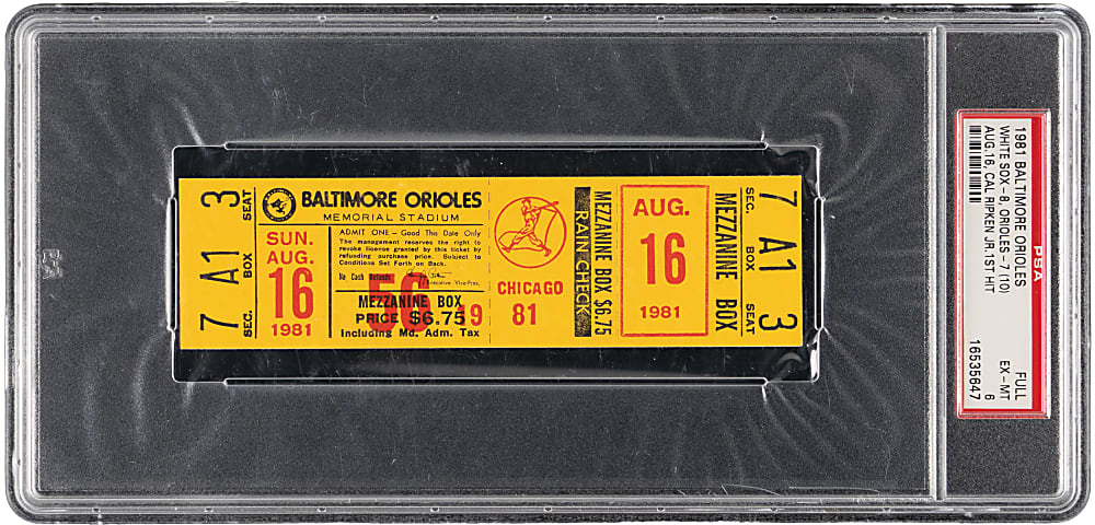 1981 Cal Ripken Jr. First MLB Hit Full Ticket PSA EX-MT 6 - Extremely Rare (Population 2 with Only 2 Higher)