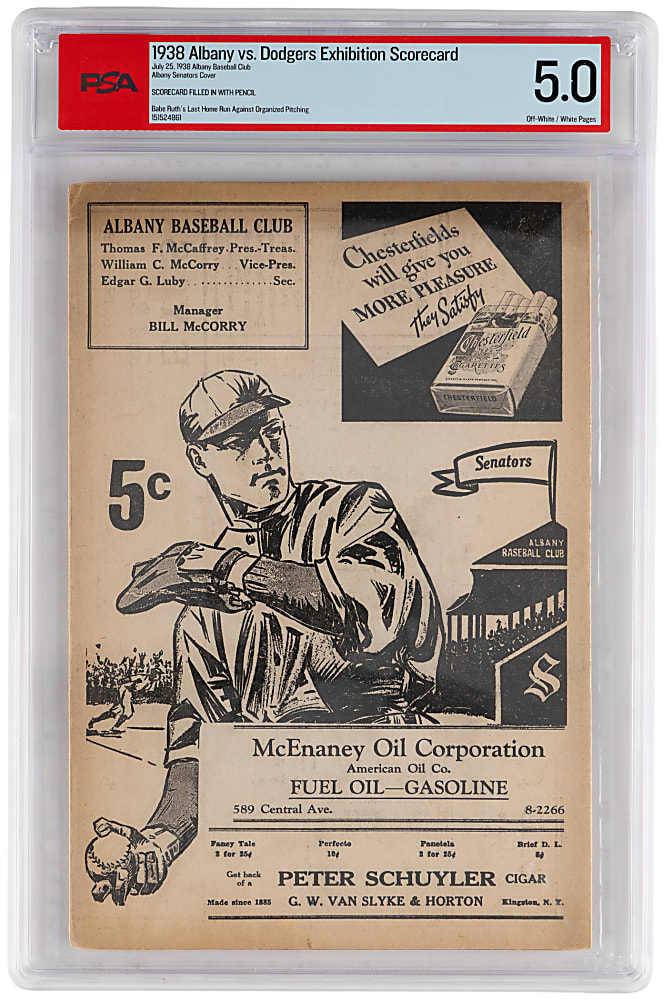 1938 Albany Senators vs. Brooklyn Dodgers Exhibition Scorecard PSA 5.0 - Babe Ruth's Last Professional Home Run!