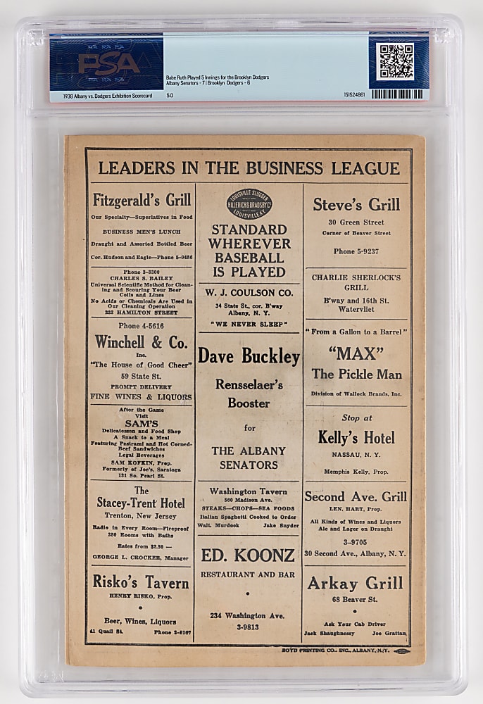 1938 Albany Senators vs. Brooklyn Dodgers Exhibition Scorecard PSA 5.0 - Babe Ruth's Last Professional Home Run!