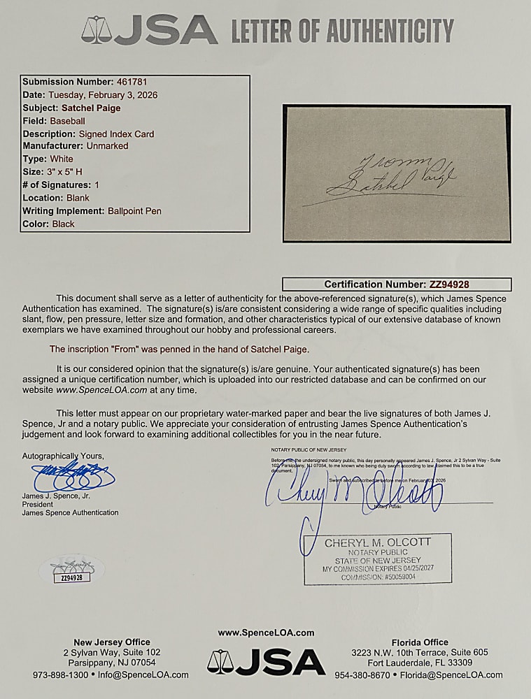 Satchel Paige Signed Index Card with Full JSA LOA