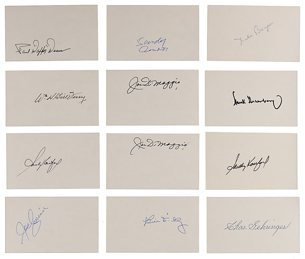 Signed Index Card Collection (94) with (59) Hall of Famers Including (2) Joe DiMaggio, (2) Sandy Koufax Plus Tough Deceased Stars