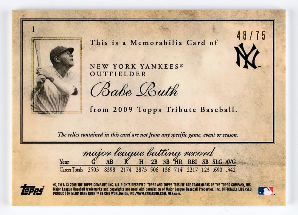 2009 Topps Tribute #1 Babe Ruth Triple Relic Blue Parallel #/75 with Pinstripe