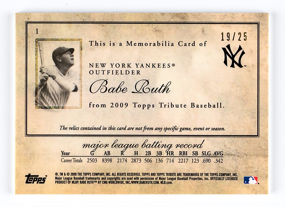 2009 Topps Tribute #1 Babe Ruth Dual Relic Gold Parallel #/25