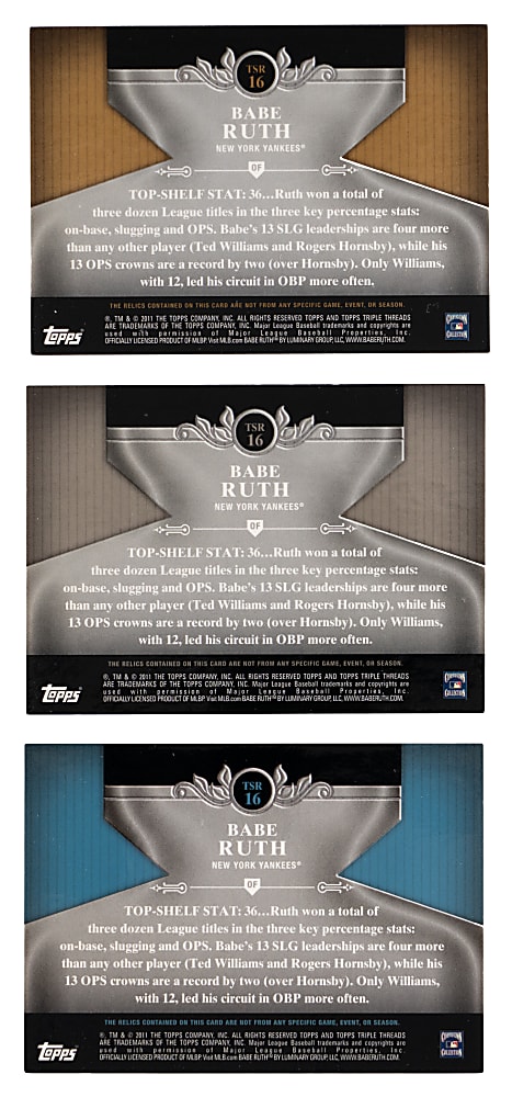 2011 Topps Tier One #16 Babe Ruth Top Shelf Relic Trio with #/25 Matching Jersey Number