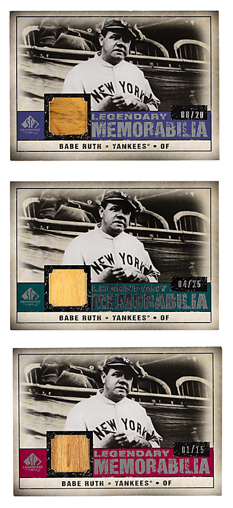 2008 SP Legendary Cuts Babe Ruth Legendary Memorabilia Game-Used Relic Trio - All #/25 or Lesser